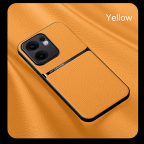 Orange faux leather phone case with dual camera cutouts.