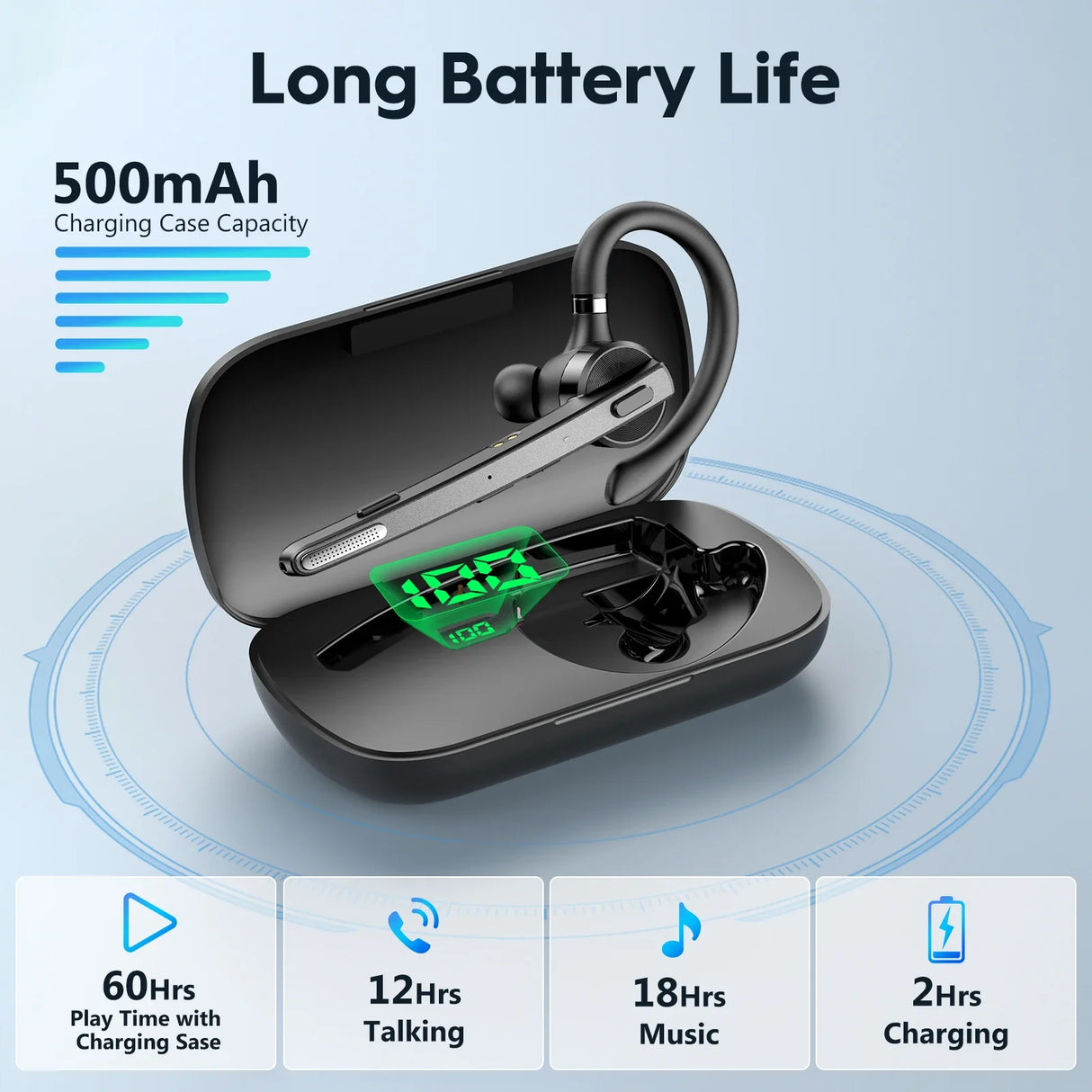 Wireless headset with charging case.