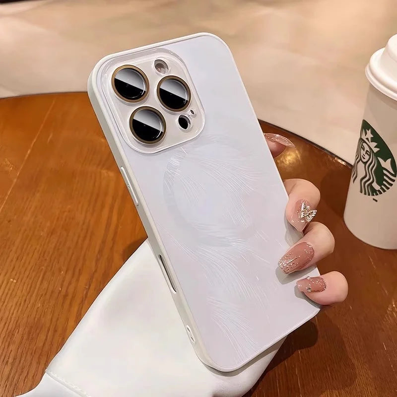 Luxury MagSafe Aurora Feather Finish Lens Protect Case For iPhone 16 15 14 13 12 Pro Max Plus