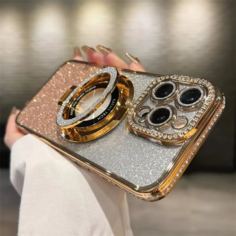 Luxury MagSafe Glitter Bling Plating Case with Ring Holder Stand For iPhone 16 ProMax 15 11 12 13 14 Plus Diamond Wireless Charge Silicone Cover