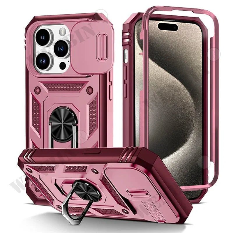 Armor 360 Shockproof Case with Magnetic Ring Holder Stand For iPhone 16 15 14 13 12 11 Pro Max Plus Mini XS XR X 8 7 Plus 8 7 SE  Heavy Duty with Camera Slide Cover