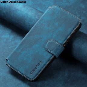 A teal-blue faux leather phone case with a magnetic strap closure.