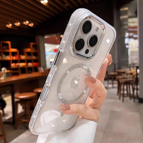 Clear iPhone case with glitter accents and a MagSafe ring.