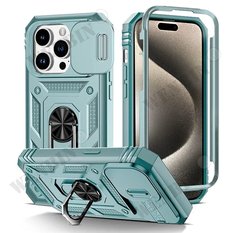 Armor 360 Shockproof Case with Magnetic Ring Holder Stand For iPhone 16 15 14 13 12 11 Pro Max Plus Mini XS XR X 8 7 Plus 8 7 SE  Heavy Duty with Camera Slide Cover