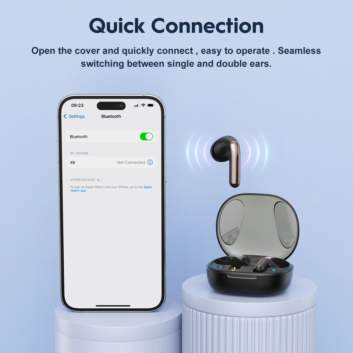 Wireless earbuds with charging case and smartphone.