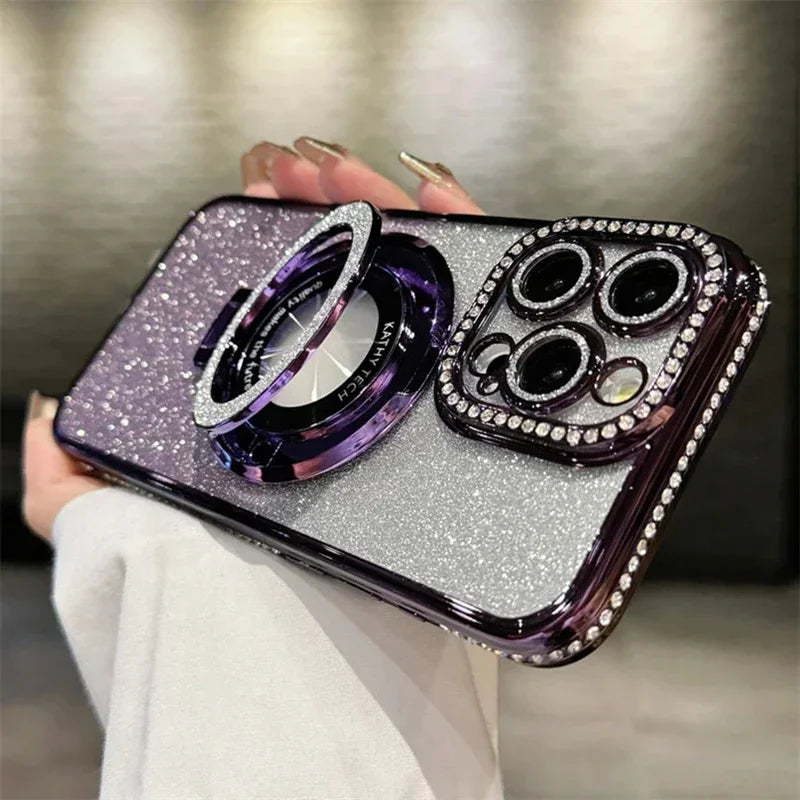 Luxury Magsafe Wireless Charging Jewelled Bling Case For iPhone 16 11 12 13 14 15 Pro Max Glitter Magnetic Ring Bracket Bumper Cover