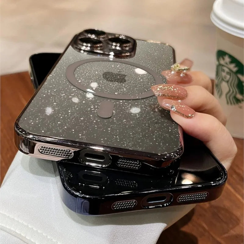 Luxury MagSafe Glitter Plating Case for IPhone 15 14 Plus 13 12 Pro Max 11 Hard Thin Wireless Charge Cover