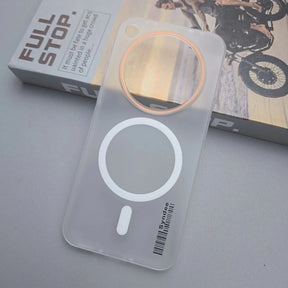 Translucent phone case with magnetic charging rings.