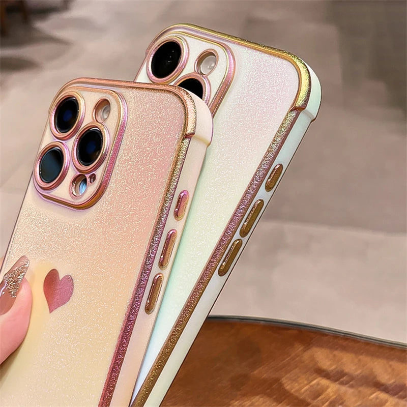 Luxury Plating Heart Design Lens Protect Case For iPhone 16 12 13 14 15 11 Pro Max Plus