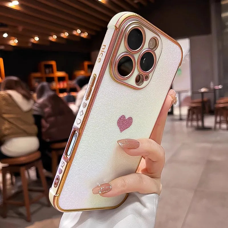 Luxury Plating Heart Design Lens Protect Case For iPhone 16 12 13 14 15 11 Pro Max Plus