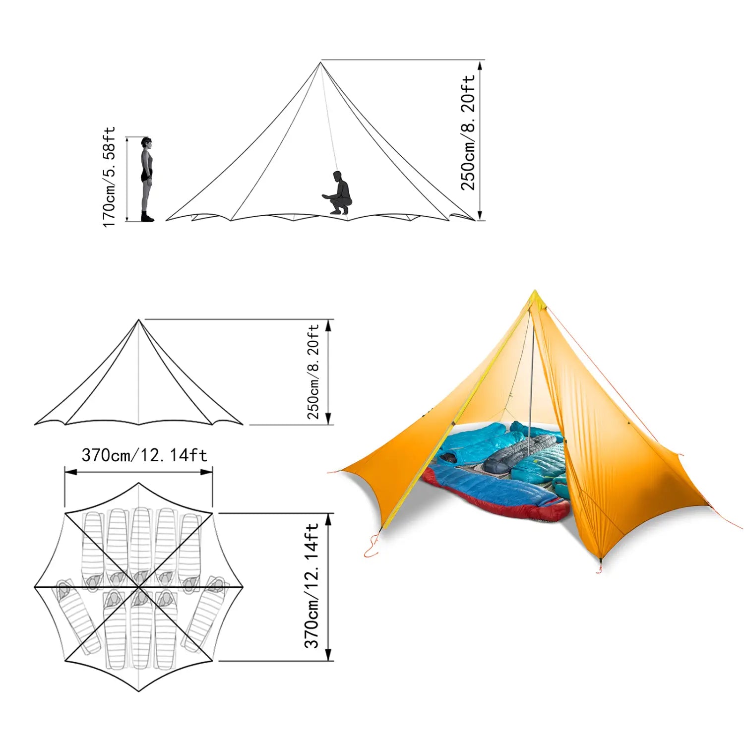 Ultraleichtes und geräumiges 4-Jahreszeiten-Pyramidenzelt für 10 Personen