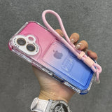 Pink and blue gradient transparent iPhone case with a wrist strap.