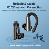 Black wireless Bluetooth earbuds.
