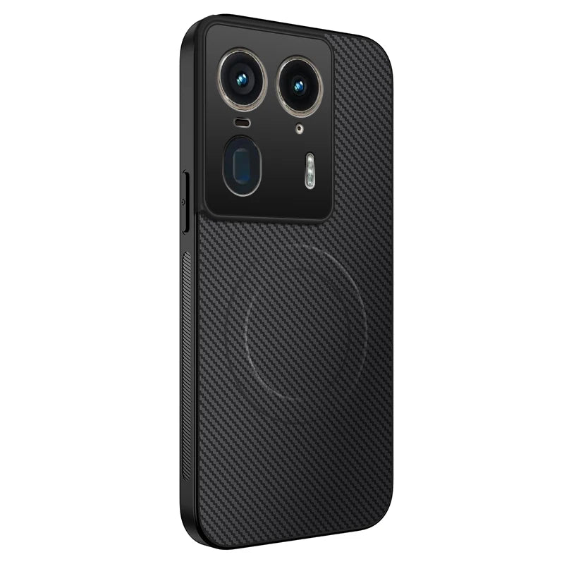 Black smartphone with a carbon fiber textured case and a prominent camera module.