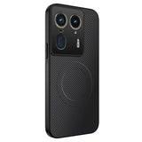 Black smartphone with a carbon fiber textured case and a prominent camera module.