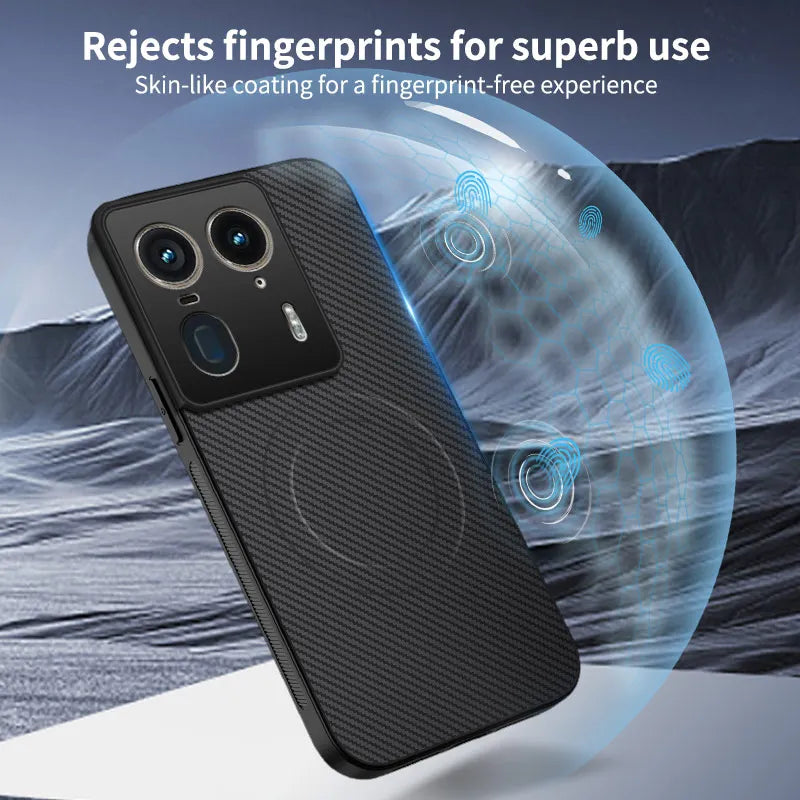 Smartphone with a carbon fiber textured, fingerprint-resistant case.