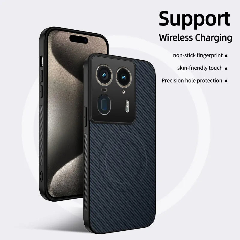 A black smartphone case with a textured, carbon fiber-like back, featuring a prominent camera cutout and a circular magnetic charging area.
