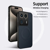 A black smartphone case with a textured, carbon fiber-like back, featuring a prominent camera cutout and a circular magnetic charging area.