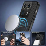 A black smartphone case with a carbon fiber texture, featuring a magnetic ring for accessories like wireless charging, car mounts, and power banks.