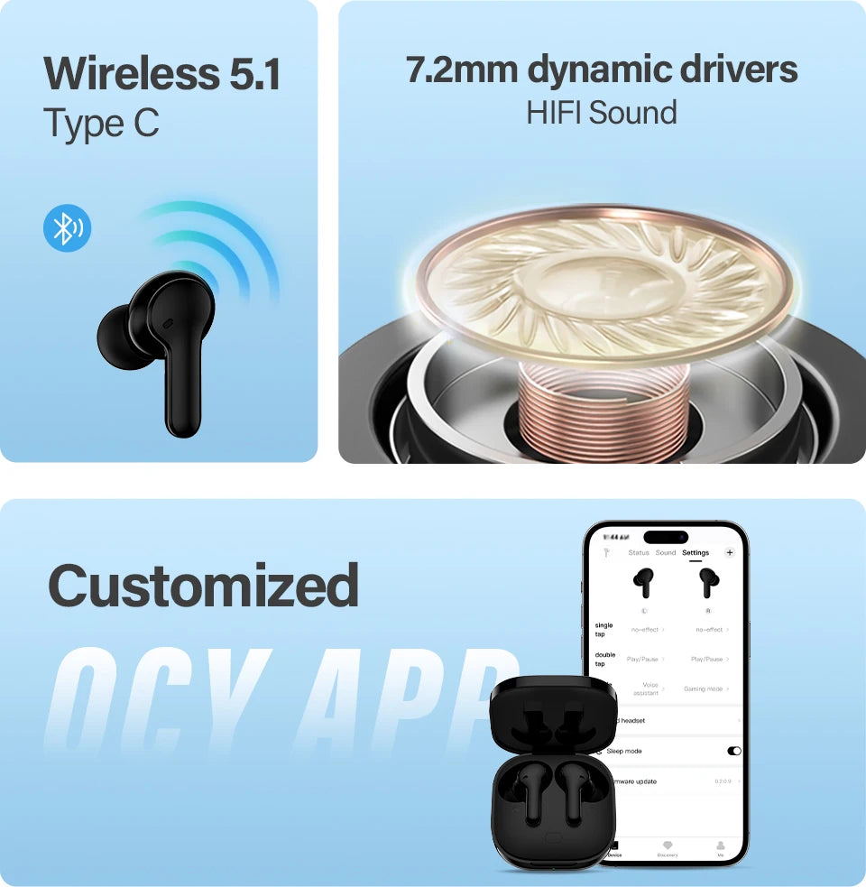 QCY T13 Wireless Bluetooth 5.1 Earphones - 40H TWS Noise Cancelling HiFi Stereo Dynamic Earpods Earbuds Headphones