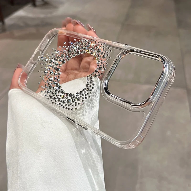 Rhinestone-studded clear phone case.