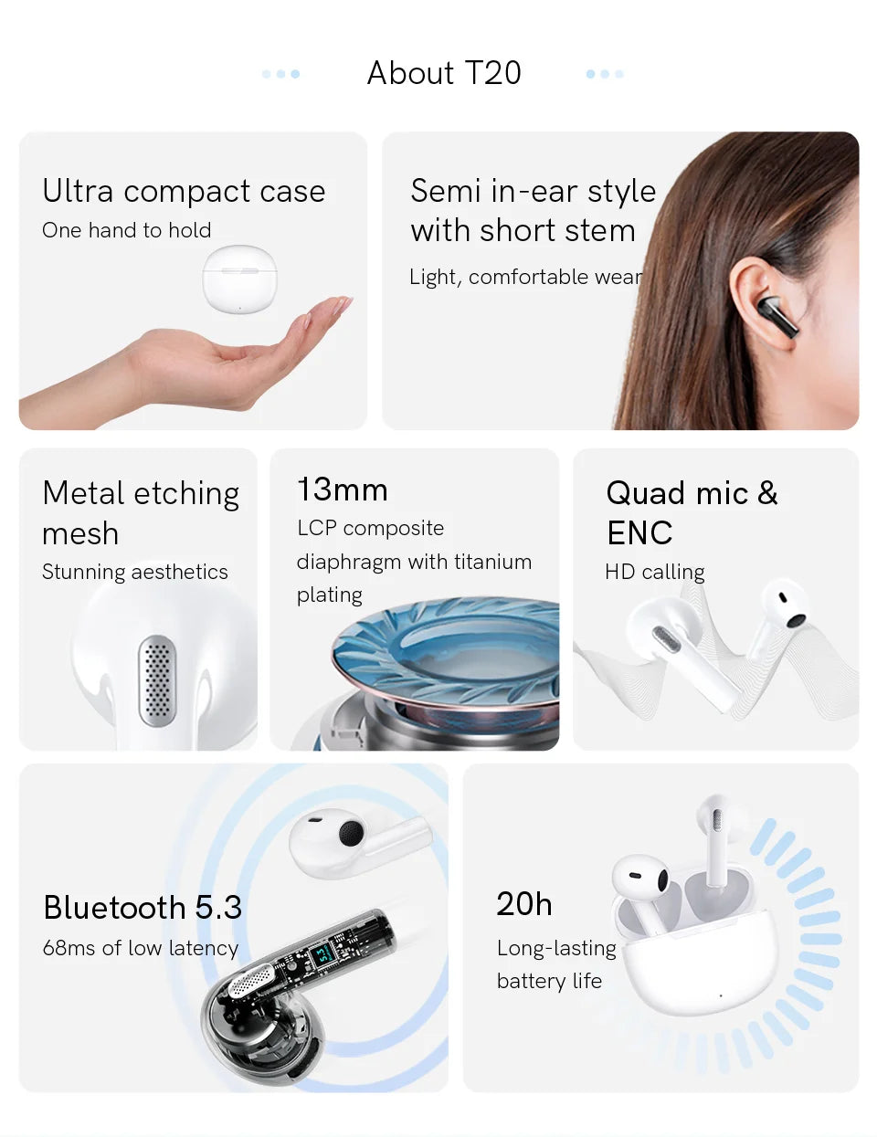 QCY T20 Wireless Bluetooth 5.3 Earphones - TWS Noise Cancelling HiFi Stereo Dynamic Earpods Earbuds Headphones