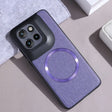 A purple fabric-textured phone case with a black camera module accent and a magnetic ring.