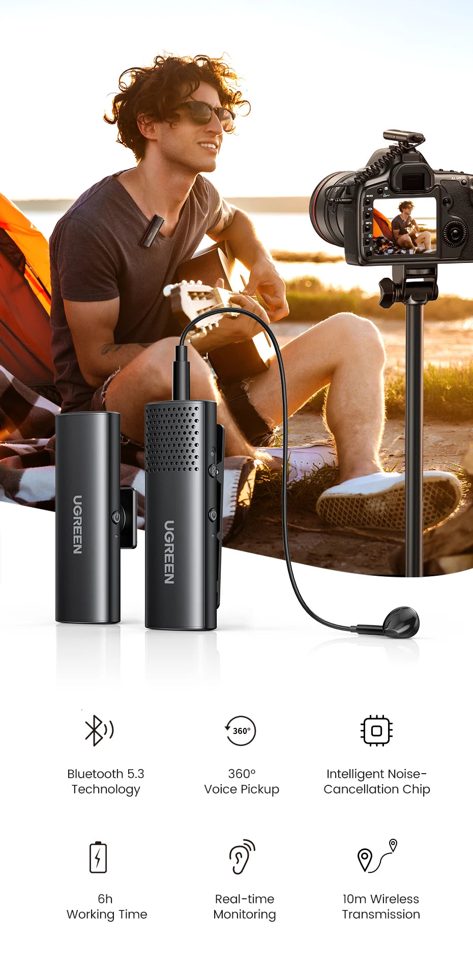 UGREEN Wireless Bluetooth Lavalier Microphone - Omni Condenser Noise Reduction Mic for Camera Video Recording Live Stream