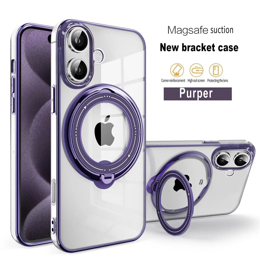 Luxury Plating Magsafe Case with Ring Holder Stand For iPhone 15 16 14 13 12 11 Pro Max XS Max XR 7 8 Plus Transparent Stand Cover