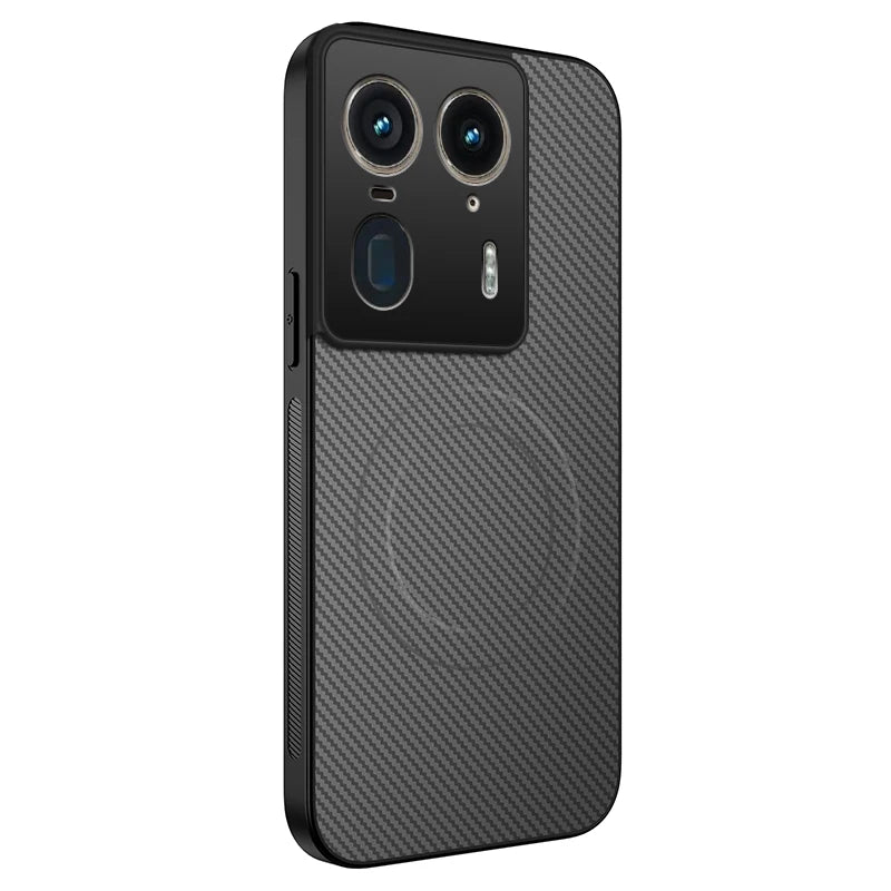 Black carbon fiber phone case with a large camera cutout.