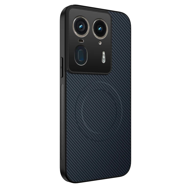 A dark blue carbon fiber textured phone case with a raised black camera module and an embedded magnetic ring.