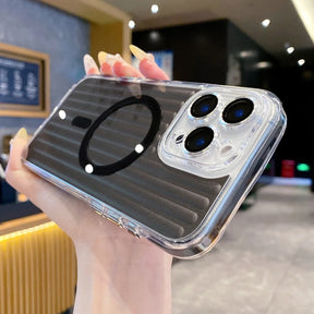 Clear iPhone case with a black MagSafe ring and ribbed back design