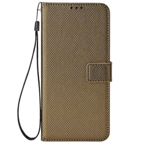 Olive green wallet-style phone case with a textured surface, magnetic clasp, and a wrist strap.