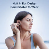 Wireless earbud in use.