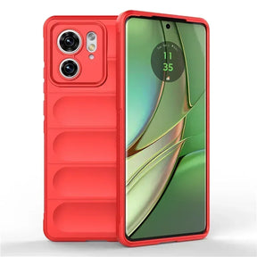 Red smartphone with a matching protective case featuring a sliding camera cover.