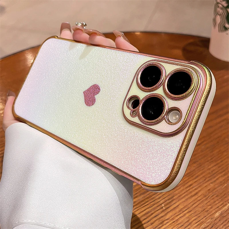 Luxury Plating Heart Design Lens Protect Case For iPhone 16 12 13 14 15 11 Pro Max Plus