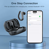 Wireless earbuds with charging case and connected smartphone.
