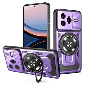 Purple phone cases with a rotating kickstand and camera cover.