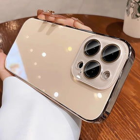 Gold iPhone with a clear camera lens protector