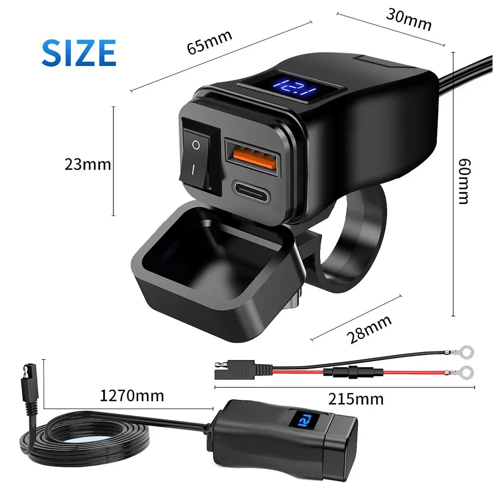 60W Waterproof 12V Motorbike Fast Charger – Dual USB Socket with Voltmeter