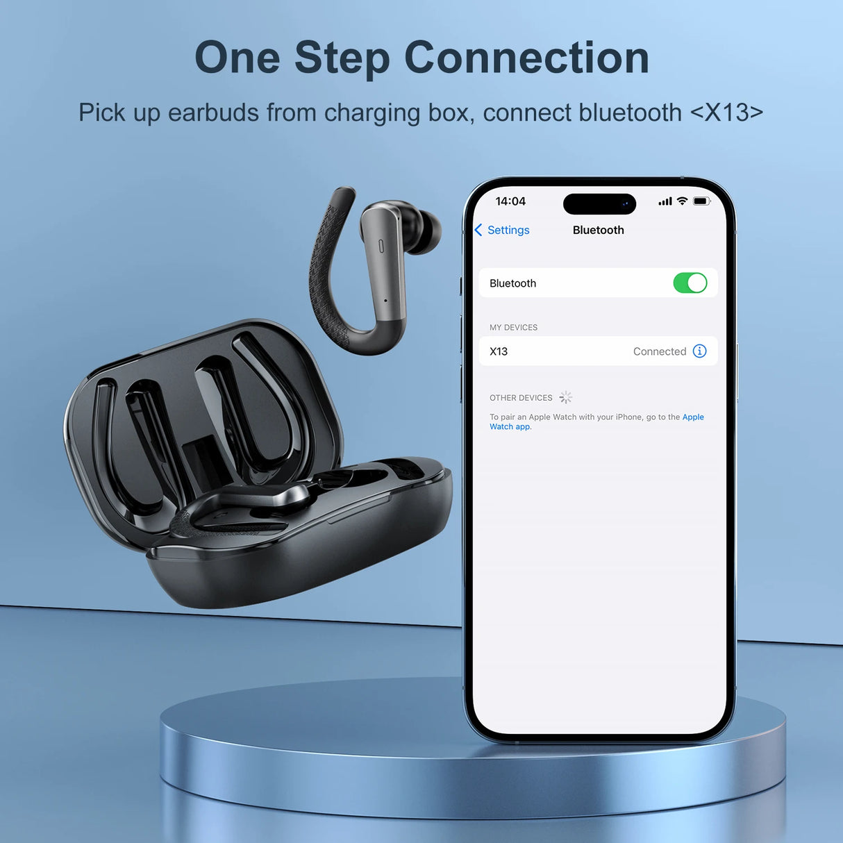 Wireless earbuds with charging case and connected smartphone.