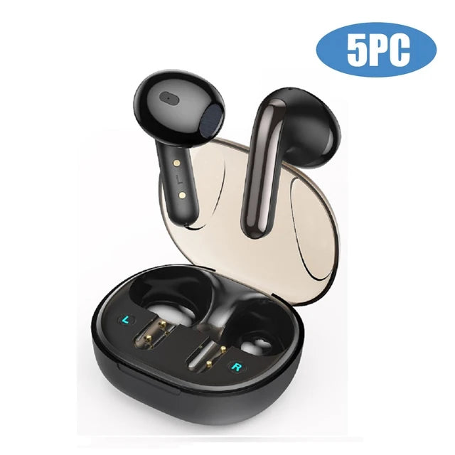 Black wireless earbuds with charging case.