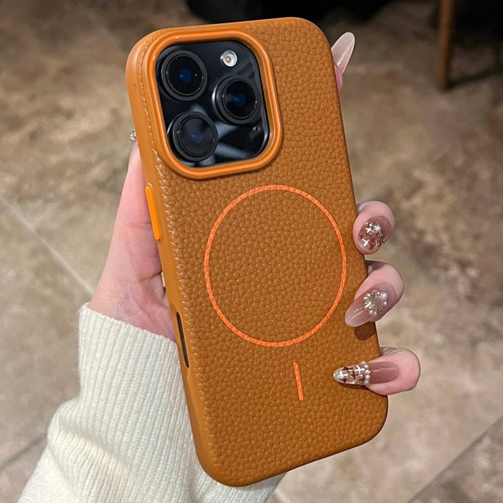 Shockproof Leather Lychee Texture MagSafe Case For iPhone 16 15 12 13 14 11 Pro Max Plus