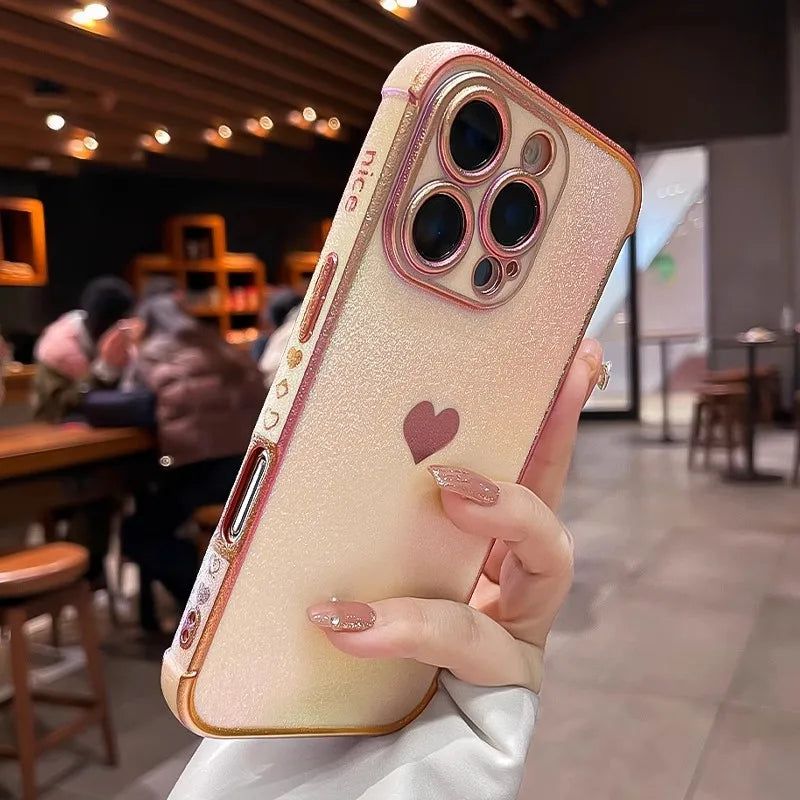 Luxury Plating Heart Design Lens Protect Case For iPhone 16 12 13 14 15 11 Pro Max Plus