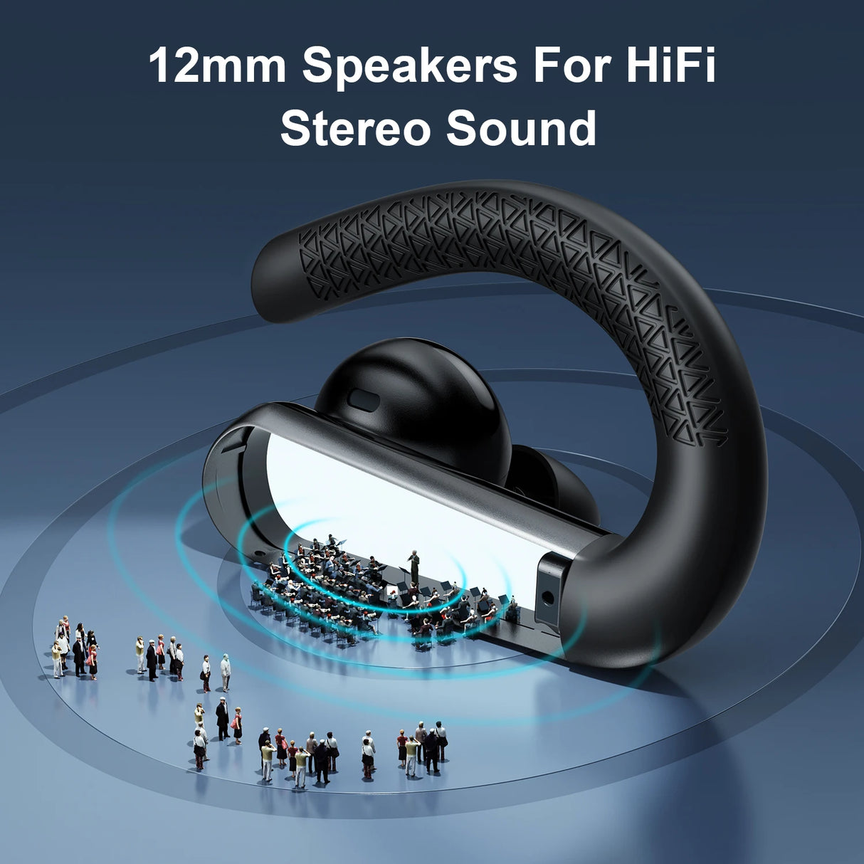 Black wireless earbuds with ear hook.