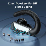 Black wireless earbuds with ear hook.