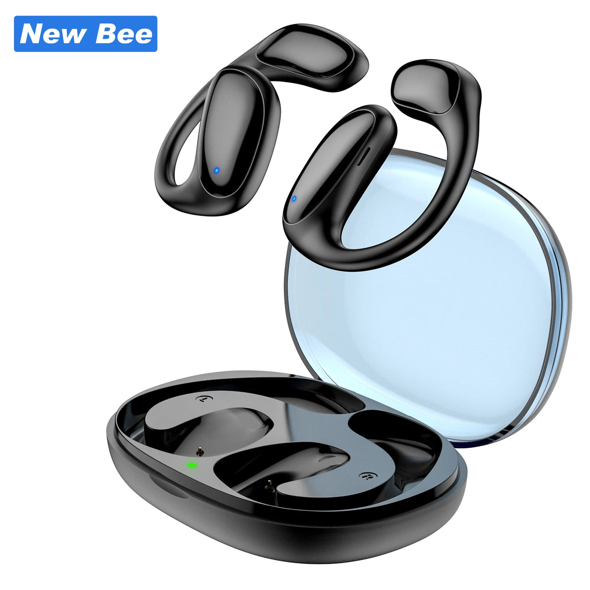 Black open-ear earbuds with charging case.
