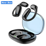 Black open-ear earbuds with charging case.
