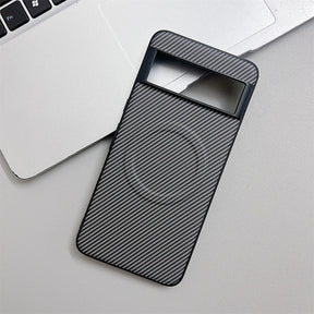 A black and gray carbon fiber patterned phone case with a rectangular camera cutout.