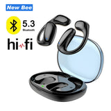 Black open-ear wireless earbuds with charging case.